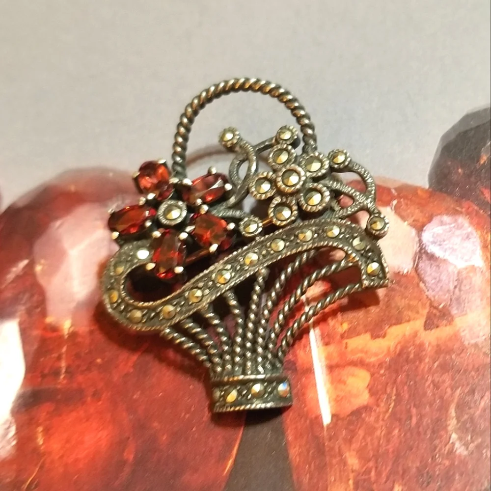 VTG GARNET Marcasite Sterling Basket Brooch - Picture 4 of 6